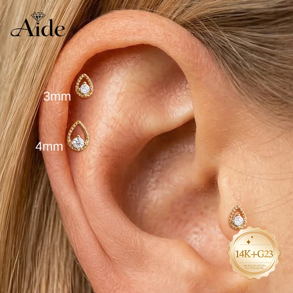 AIDE 14K Solid Gold Skeletonized WaterDrop3/4mm Flat Back Piercing Earrings For Women INS Dainty Luxury Hypoallergenic Jewelry