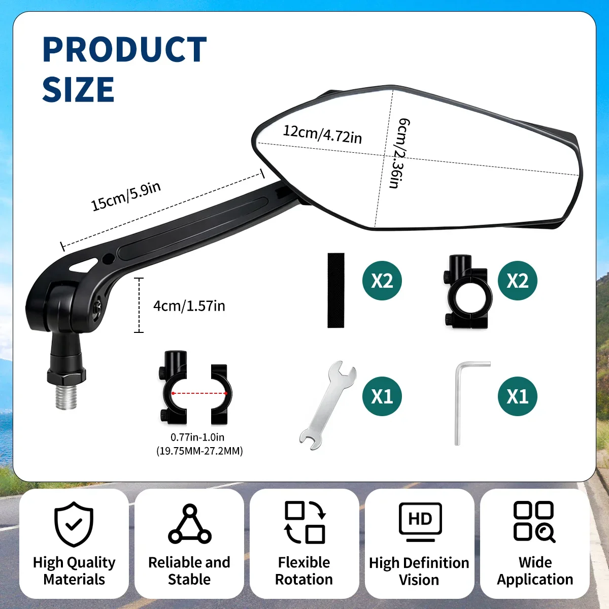 1 Pair 360° Adjustable Rotatable Wide Angle Bike Mirrors for Handlebars Rear View Bicycle Accessories for Ebike
