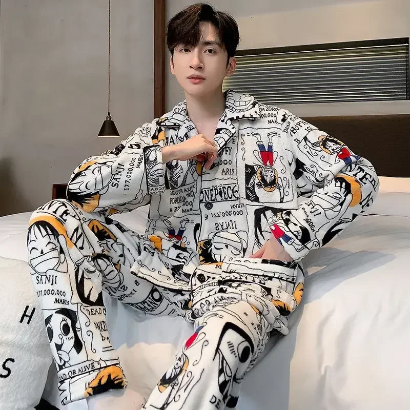 Anime ONE PIECE Luffy Winter Pajamas Set Men Women Pyjamas Cartoon Flannel Loung Sleepwear Teens Boys Pijama Mujer Homewear Gift