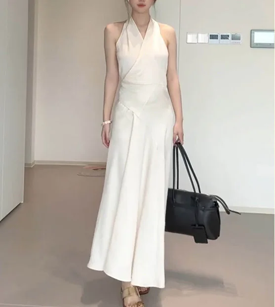 Sukienka damska jednoczęściowa z wiązaniem w pasie, dekolt typu halter, bez rękawów, kolekcja wiosna-lato 2025, nowość 0707