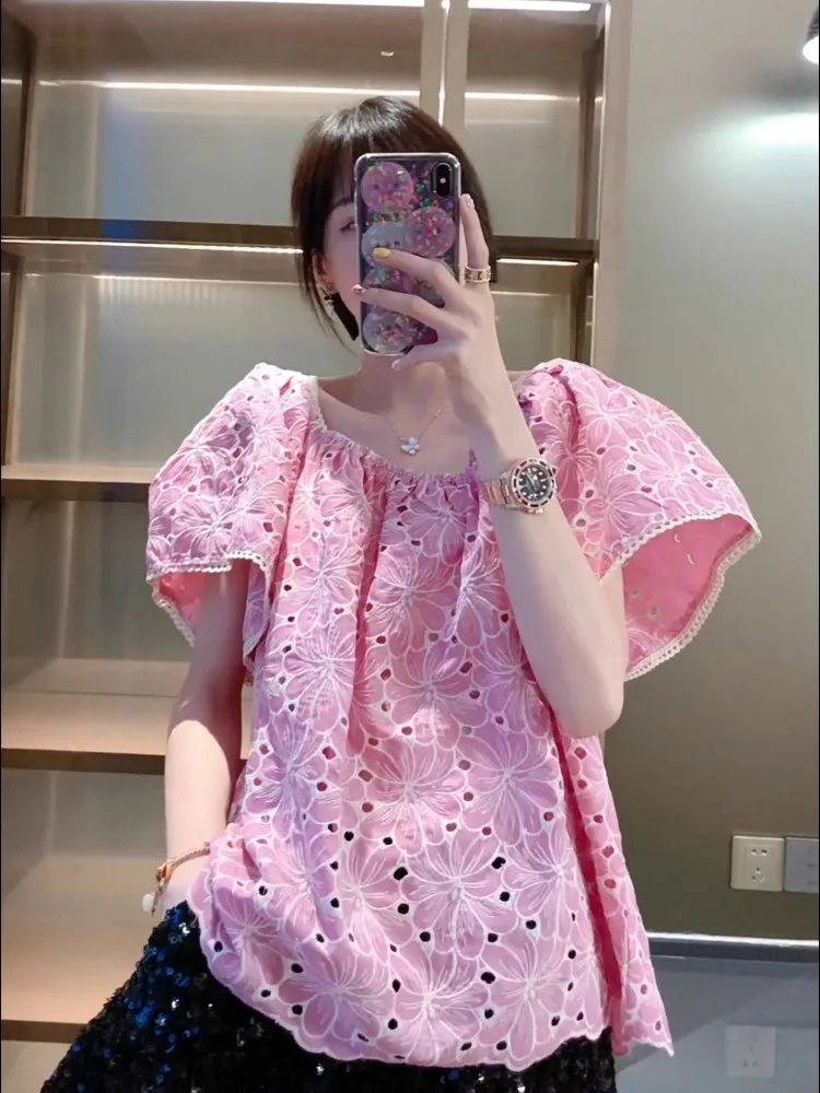 Mode doux Style coréen femme évider crochet fleur chemises manches évasées col carré Slash cou coupe ample hauts pullover