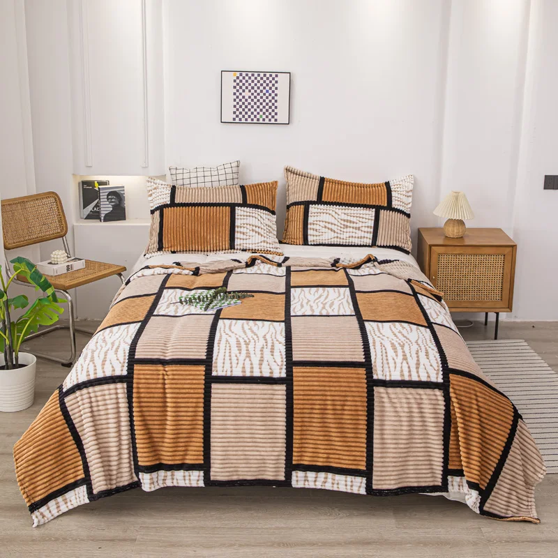 1 pc,Camel and brown checkered print  'magic velvet' striped blanket. Suitable for bedrooms, camping, traveling, etc.All seasons