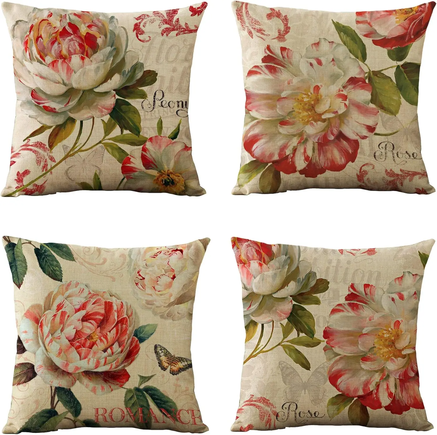 

Set of 4 Vintage Spring Flower Decorative Throw Pillow Covers Pillow Cases Cushion Cases Throw Pillow Covers 18 x 18 Inch for L