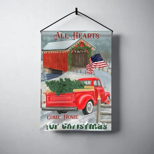 Red Truck Merry Christmas Flag, Truck All Hearts Come Home For Christmas Flag LLK ZZU hhz