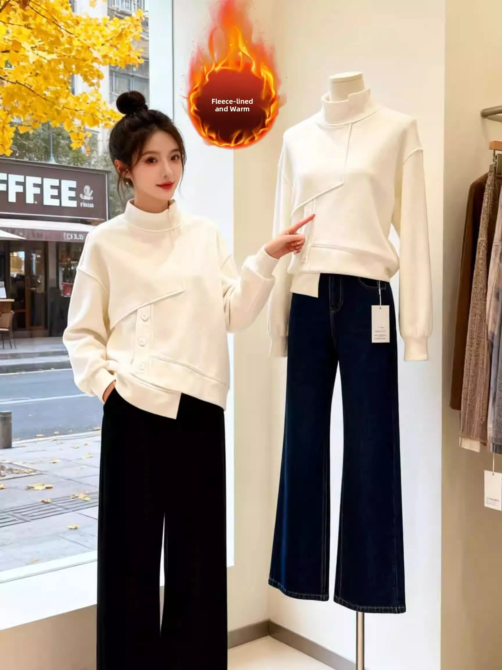 

Women's Fce Lined Thiened Hoodie Stand Collar Asymmetrical Splicing Slimming Large Size Autumn Winter Faion Top