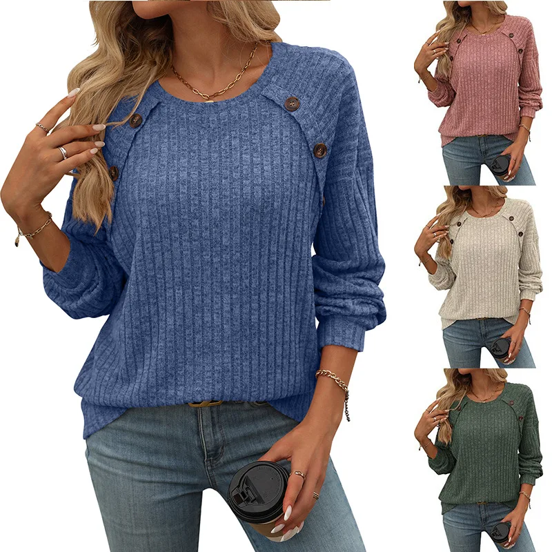 Casual Loose Knitted Button Sweater for Women Luxury Designer Solid O Neck Pullover Autumn Winter Oversize Ladies Basic Knitwear