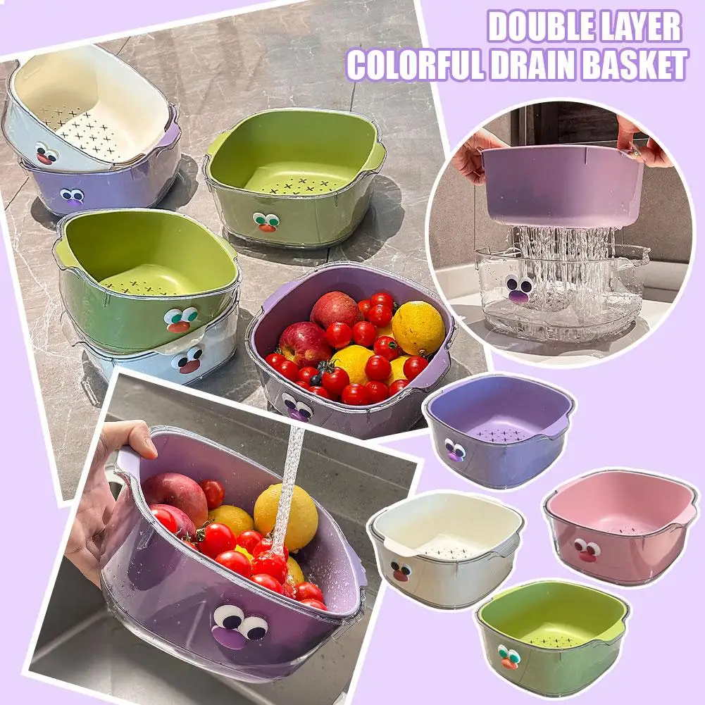 Double-layer Drain Basket Dopamine Household Cute Cleaning Fruit Filter Thickened Plate Two-in-one Basket Water Washing X8I4