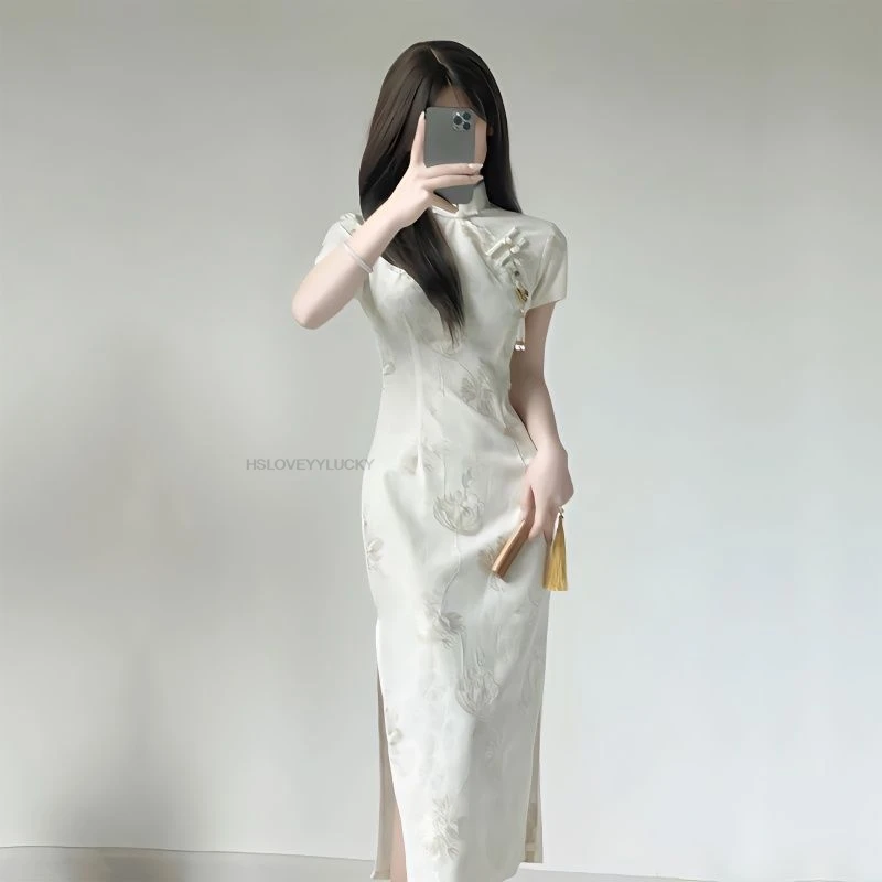 Apricot Jacquard Short Sleeved Qipao  Improved Edition Spring Summer Dress With Girl Chinese Style Modern Cheongsam
