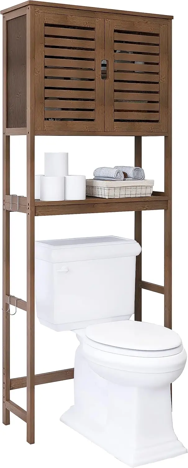 

SMIBUY Bathroom Storage Shelf with Cabinet, Bamboo Over-The-Toilet Organizer Rack, Freestanding Toilet Space Saver with 3-Tier A