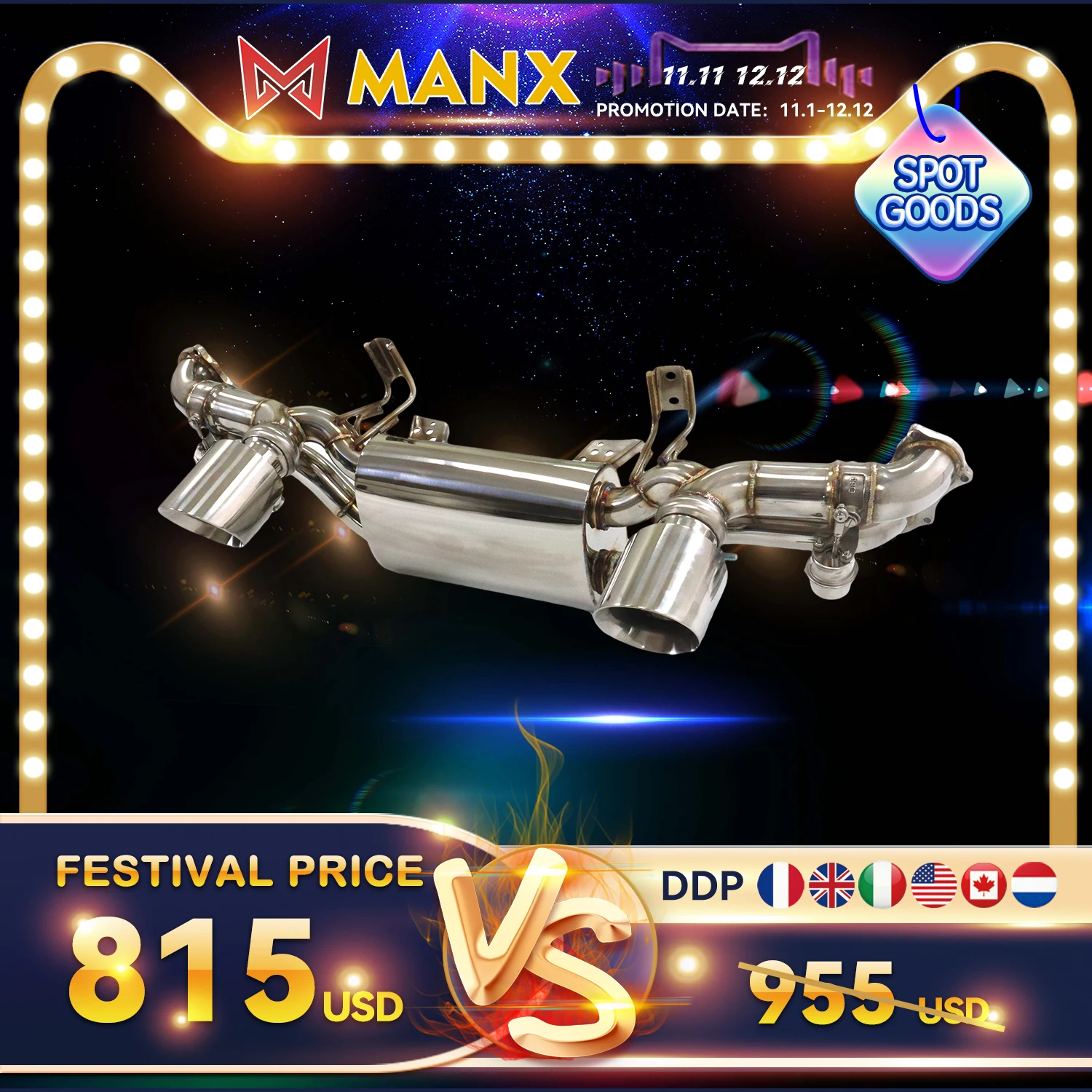 

11.11 MANX Ti/SS304 for Porsche 718 GT4 Vacuum valve Catback primary color Support customization Exhaust system