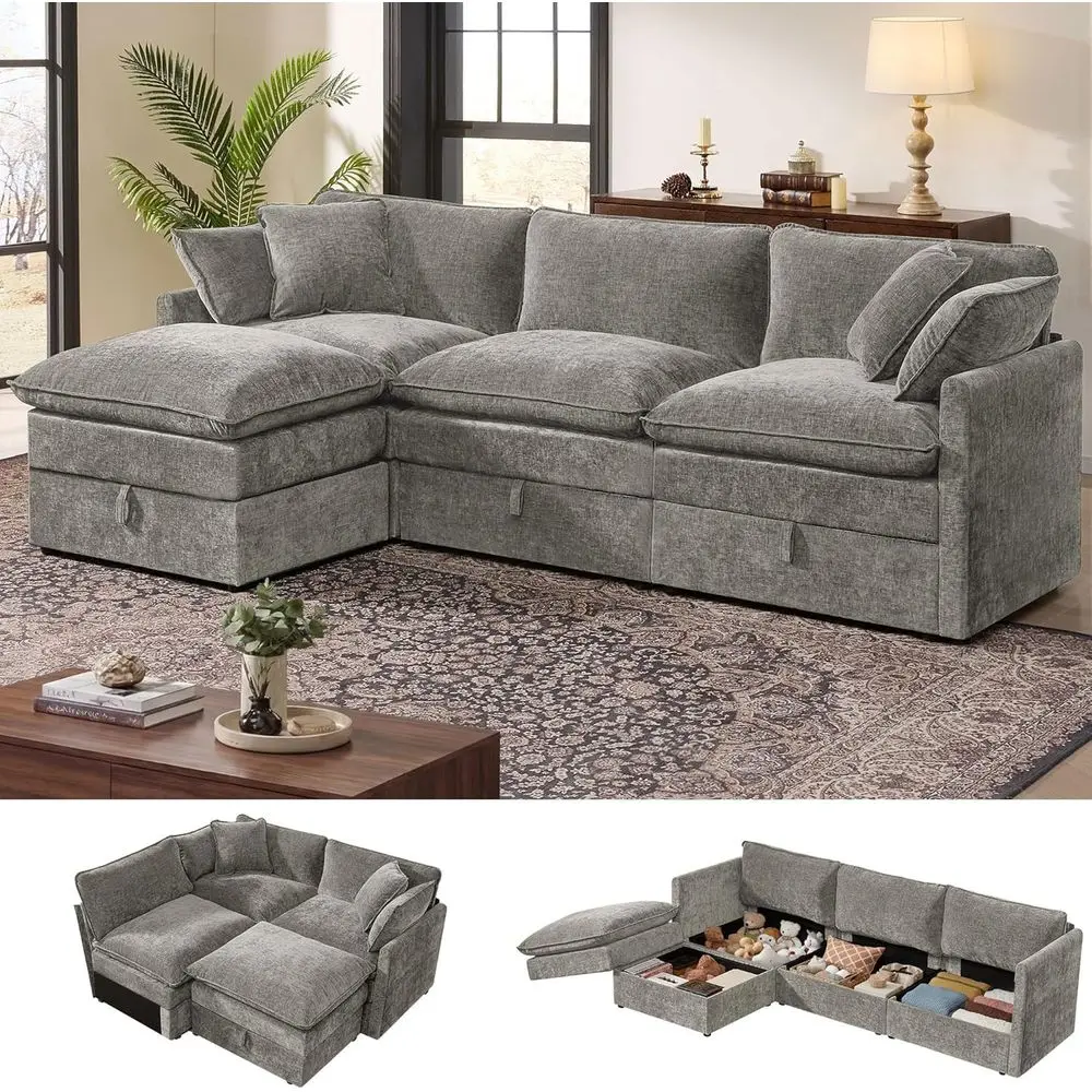 103 U-Shaped Sectional Sofa with Storage, L-Shape Cloud Couch with Ottomans and Pillows, Chenille Deep Seating Living Room Furni