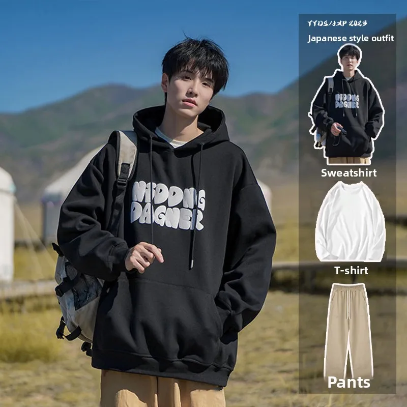 

Японская толстовка-худи в американском стиле для молодежи: осенний комплект для мужчин, повседневный, удобный, из полиэфирного волокна