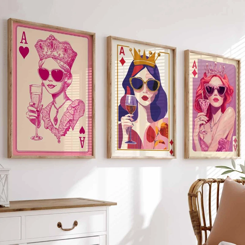 3PCS Frameless,3pc Stylish Queen Illustrations, Queen of Hearts Poster Glamorous Playing Card Art, Pink and Red Fashion Prints,
