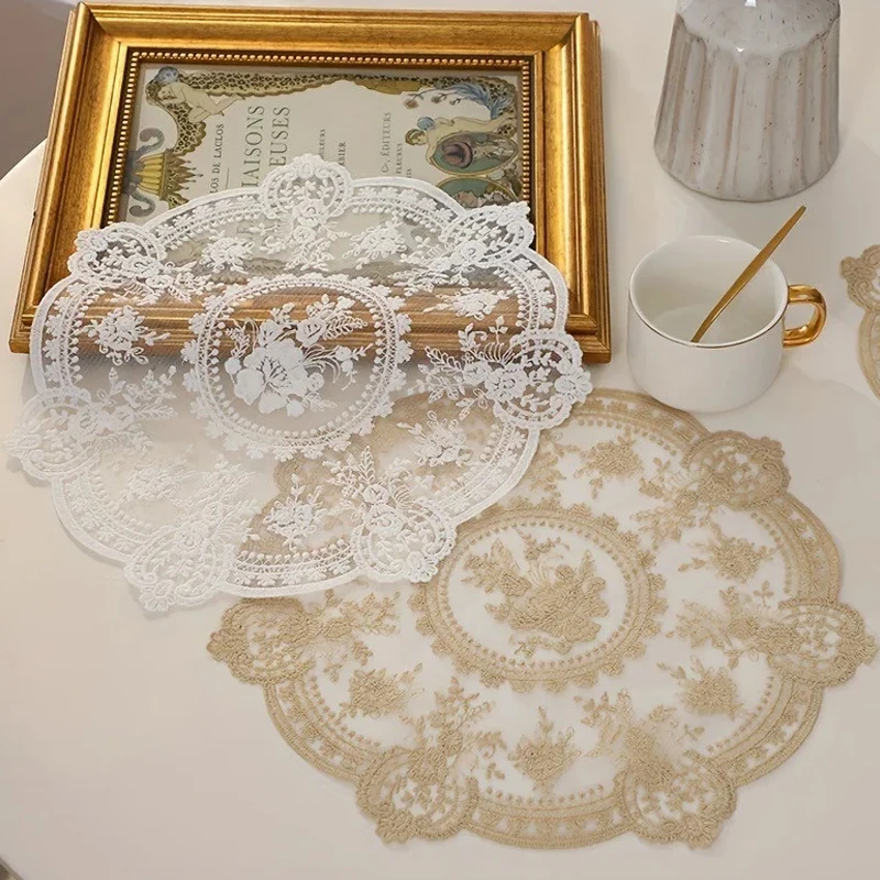 Europe Elegant Flower Embroidery Lace Table Mat for Coffee Cup 33/40/60cm Beautiful Pattern Cup Mat Vase Table Lamp Pad Ornament