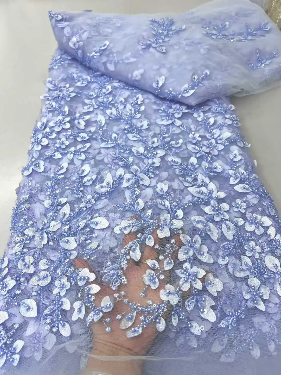 

African French Luxury 3D Sequins Pink Lace Fabric 2025 Nigerian High Quality Beaded Mesh Lace Fabric Bridal For Wedding Dresses