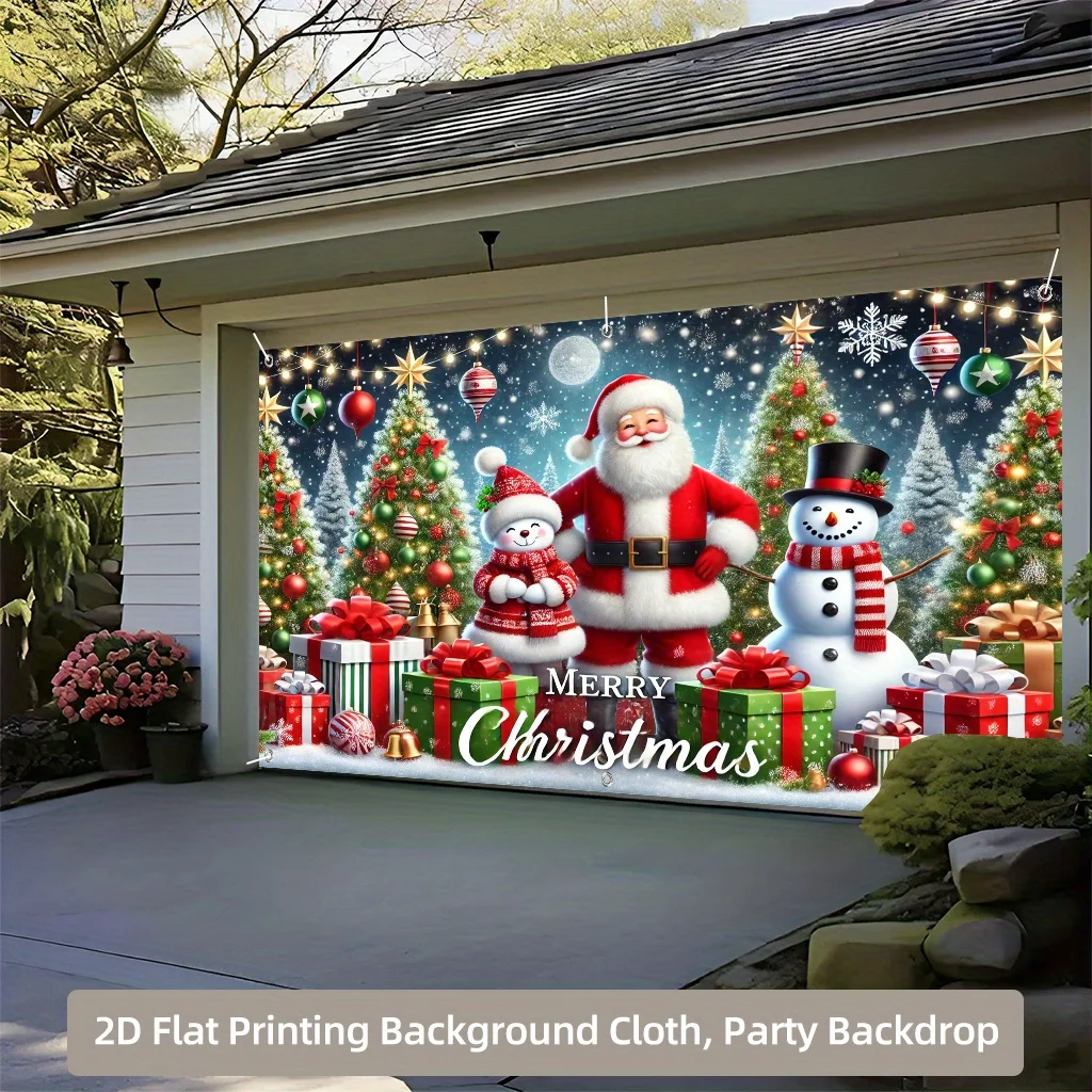 2D-Hintergrundbanner, Weihnachtsmann, fröhlicher Schneemann, Geschenkbaum, Garagen-Polyester-Hintergrundstoff, Feiertagshintergrund