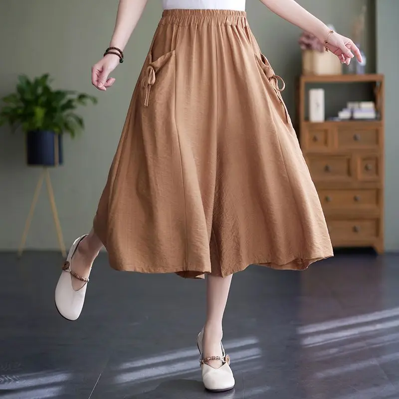 

Повседневные свободные укороченные брюки с эластичным поясом для женщин, летние однотонные универсальные винтажные широкие брюки с карманами, модная трендовая одежда