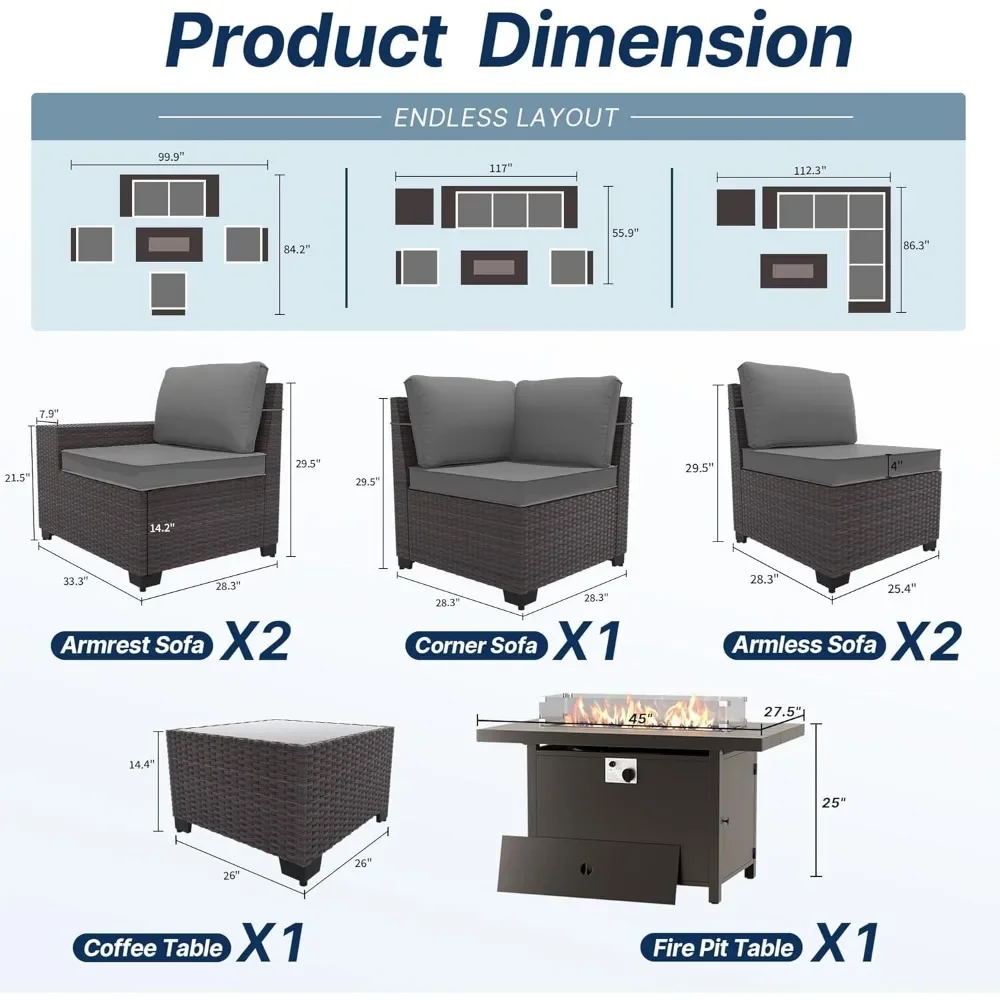 7 Piece Patio Furniture Set with Fire Pit Table,Modern Outdoor Sectional Sofa w/45in 55000 BTU Aluminium Propane Fire Pit