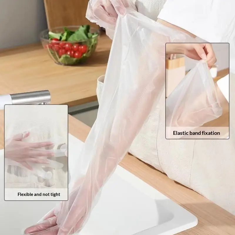 60 cm lange CPE-Haushaltshandschuhe, wasserdicht, verstärkt, mit rutschfester Manschette, für Küche, Geschirrspülen und Hausreinigung. – Detail 17