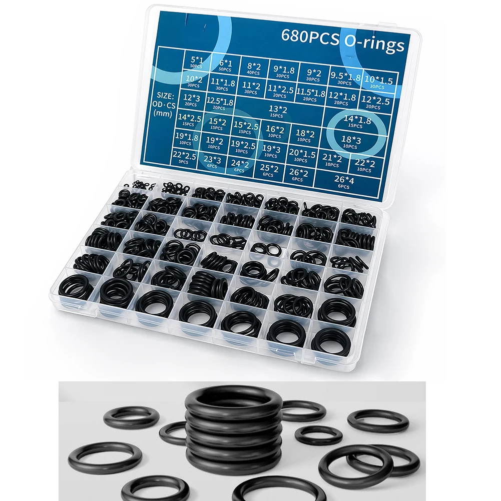 680PCS Nitrile Rubber O Ring Seals Kit Assorted Sizes Black Gaskets For Automotive AC Hydraulic Hose Water Oil Fuel System