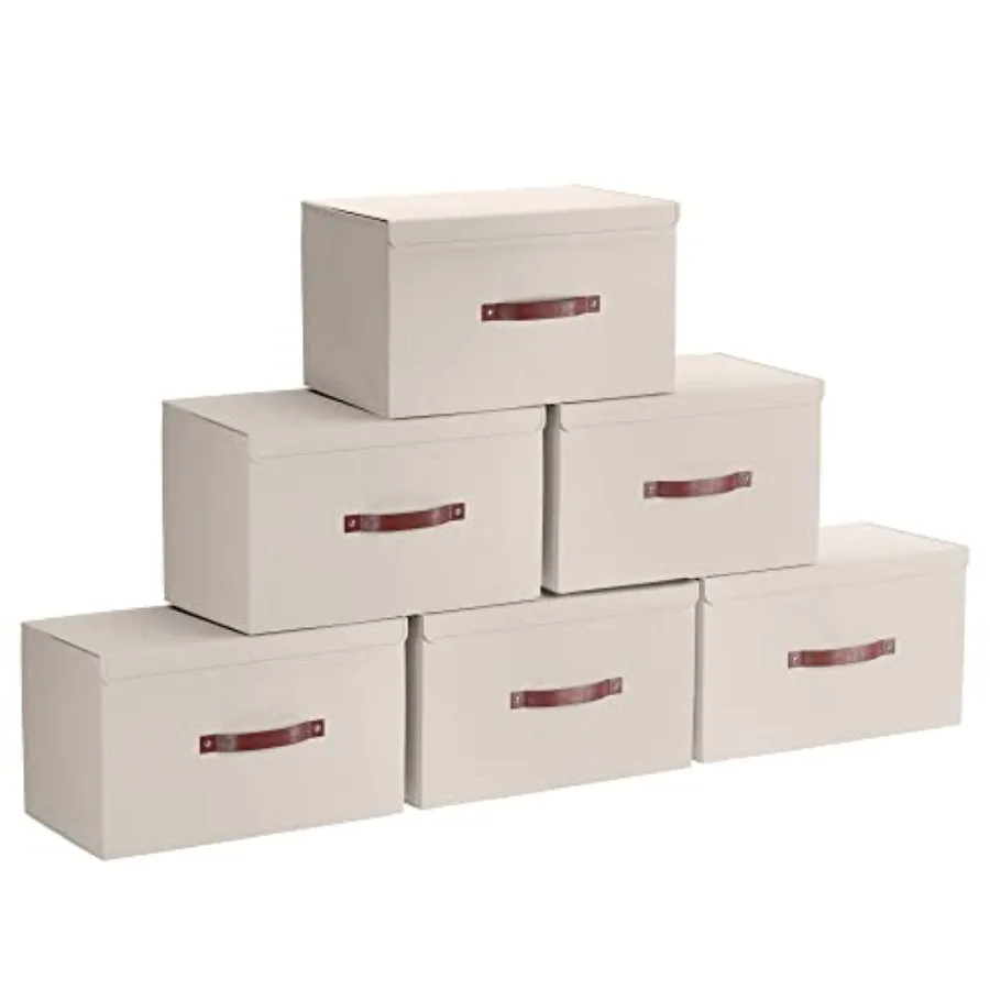 

Набор из 6 складных корзин для хранения с крышками, из льняной ткани, для одежды, с кожаными вставками