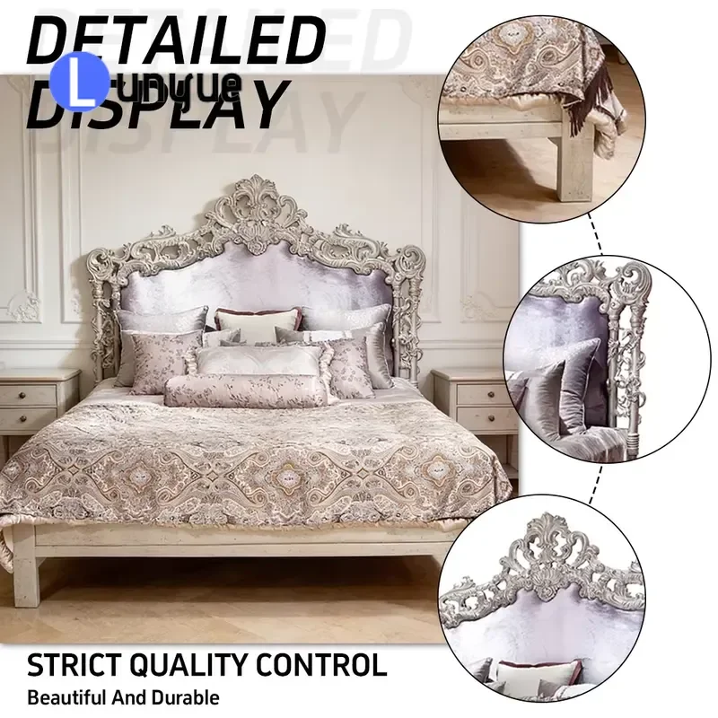 Luxury Classic Wooden Bed with Velvet Upholstered Headboard Antique Silver Leaf Decorated Base for Bedroom Elegant Furniture