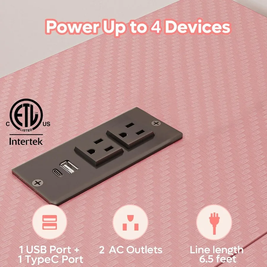 مكتب كمبيوتر وردي مع منافذ طاقة مدمجة و42 مصباح LED للألعاب والدراسة بتصميم مدمج على شكل حرف L مع Sto ذو وجهين