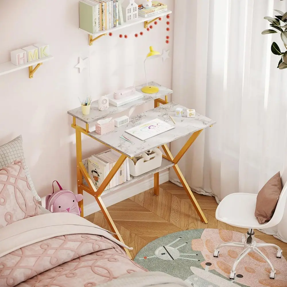 Small Desk, 27.5 Inch Computer Desk for Small Spaces, Kids Desk with Storage, Study Table with Monitor Stand for Homeschool, Whi