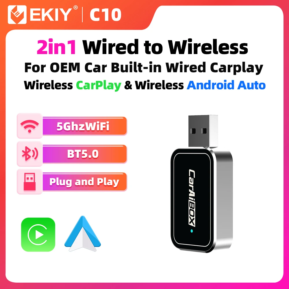 EKIY Car Intelligent Systems For Car With Wired CarPlay 2in1 Wireless CarPlay Dongle Wireless Android Auto Adapter AI TV Box