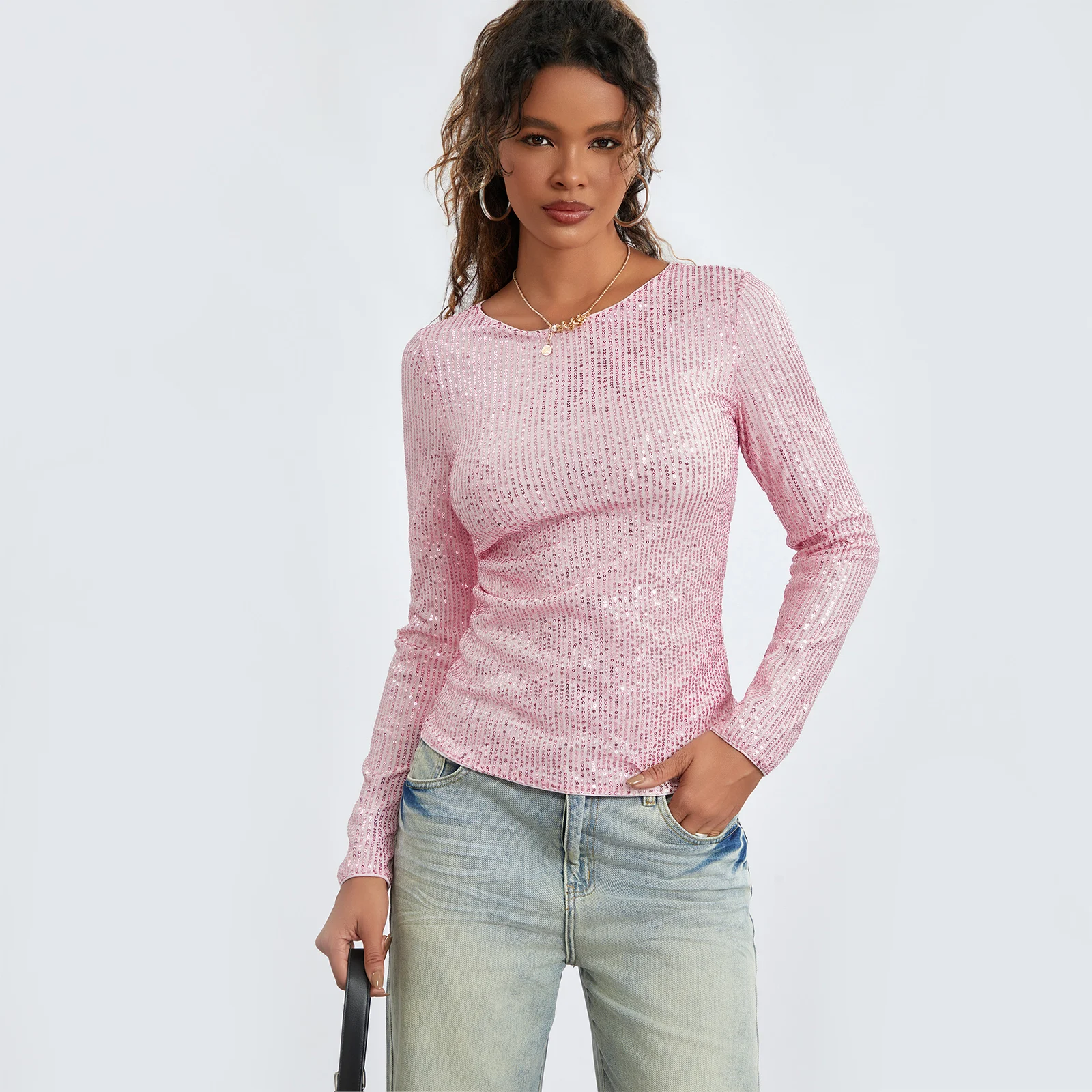 Women\'s Sequins Long Sleeve Tops Y2k Slim Round Neck T-Shirts Streetwear Aesthetic Clothes Bottoming Shirt for Fall