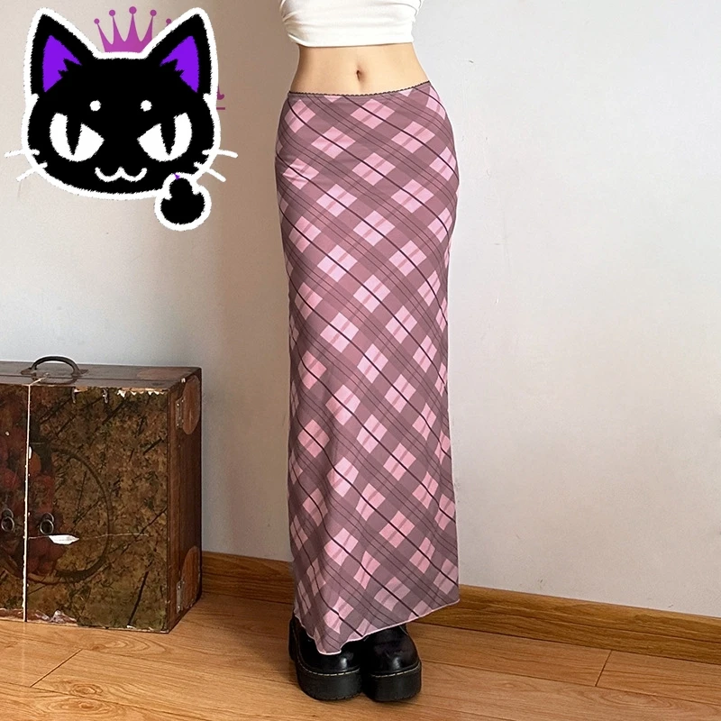 2025 misa hot sale Pink Rhomboid Plaid Skirt Retro Grunge Y2k Straight Skirt High Waist Summer Casual Women Long Skirt Sweet Cut
