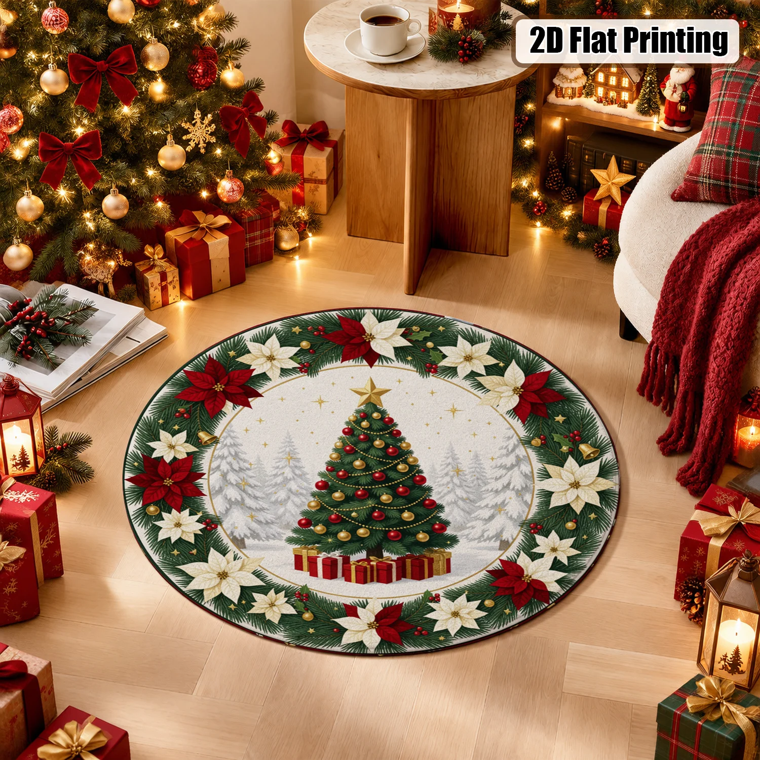 Christmas Tree Poinsettia Wreath Pattern Round Velvet Area Rug Machine Washable in Living Room Bedroom Dining Room Entryway Perfect for Halloween Thanksgiving Black Friday Cyber Monday Christmas New Year