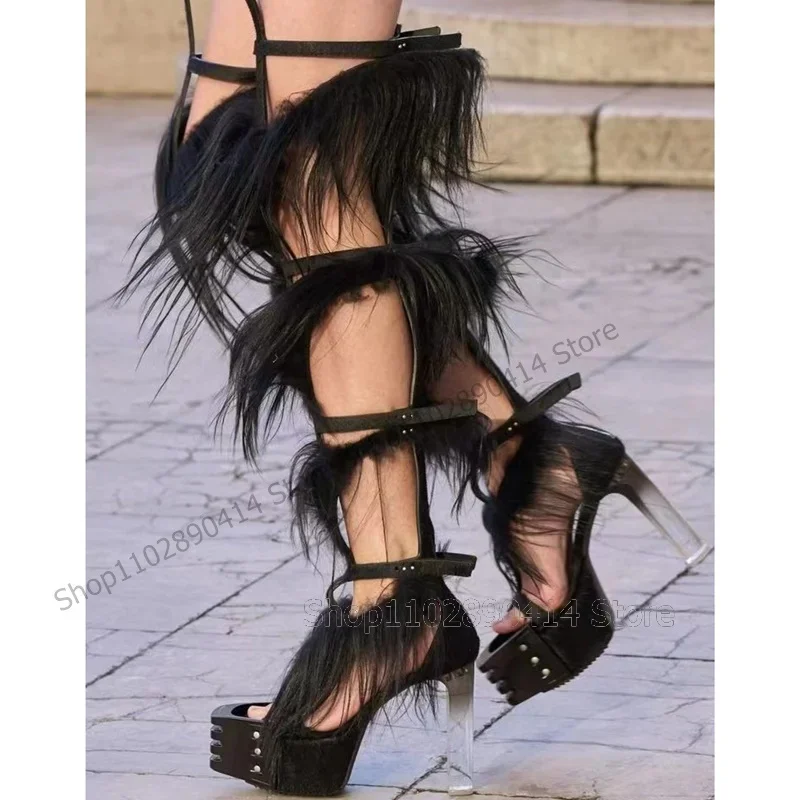 Burgandy Fur Hollow Design Crystal Heel Runway Boots Back Zipper Women Shoes Chunky High Heels Banquet 2024 Zapatos Para Mujere