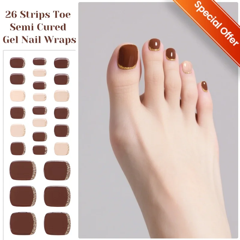 26/32개 발가락 반경화 젤 네일 스트립 레드 브라운 젤 네일 스티커 핑크 블루 젤 네일 랩 젤 폴리쉬 스티커 네일 아트 스티커
