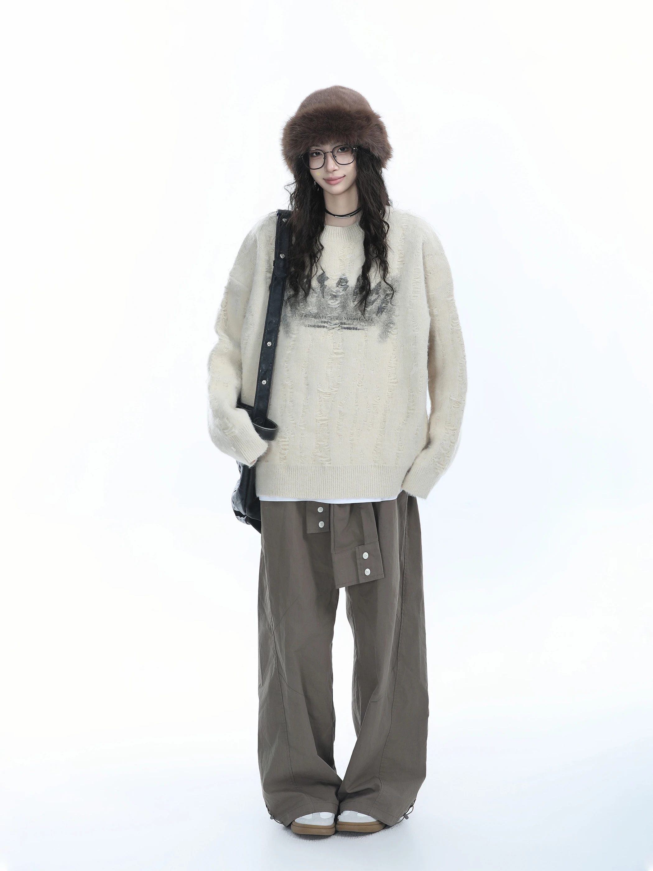 

Американский свободный крой круглый вязаный свитер Ne женский Lazy Faion выцветший дизайн удобный теплый длинный топ све