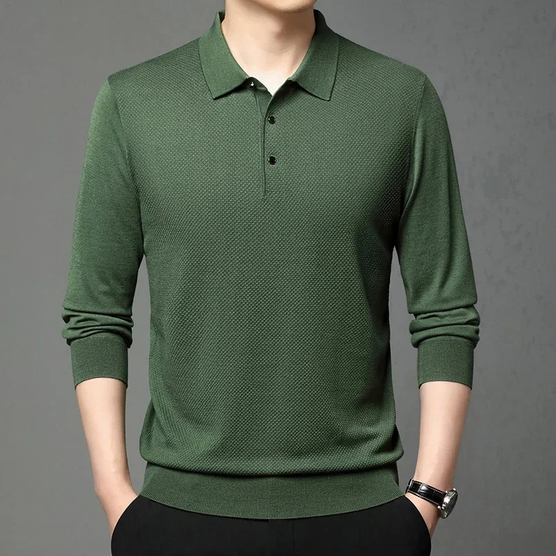 New Arrival Silk Wool Men's Polos 2024 Autumn Cassual Turn Down Collar Knit Tops Long Sleeve Male Sweater Polos Shirt