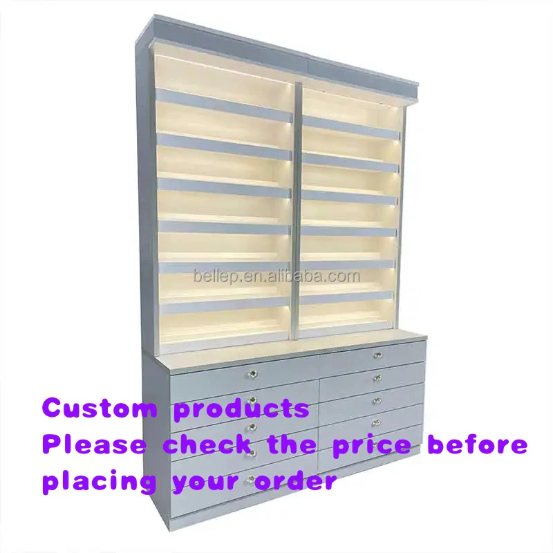 custom.Nail Shop Salon Wall Decor Interior Wood Furniture Nail Polish Stand Display Rack with Led Light and Storage Cabinet