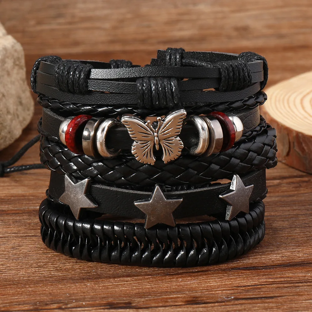 

Fashion Ethnic 6pcs Woven Leather Bracelets For Men Vintage Butterfly Star Hand Made Braided Bracelets Gifts For Friend