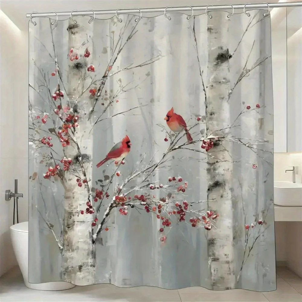 

Winter Birds Shower Curtain Red Cardinal Birch Tree Design Nature Decor Bathroom Waterproof Curtains Artistic Home Style