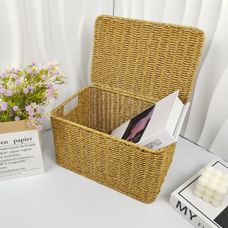 صندوق تخزين منسوج بسعة كبيرة، حامل أشتات منسوج يدويًا متعدد الوظائف مع غطاء، سلال تخزين منزلية، لعبة ملابس منظمة