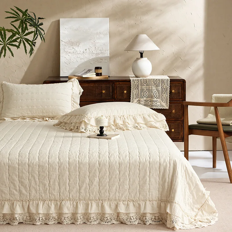 French Style Linen Cotton Quilted Bedspread Set 3PC, Elegant Lace Trim Quilt, Solid Color All Season Bed Cover & 1PC Duvet Cover