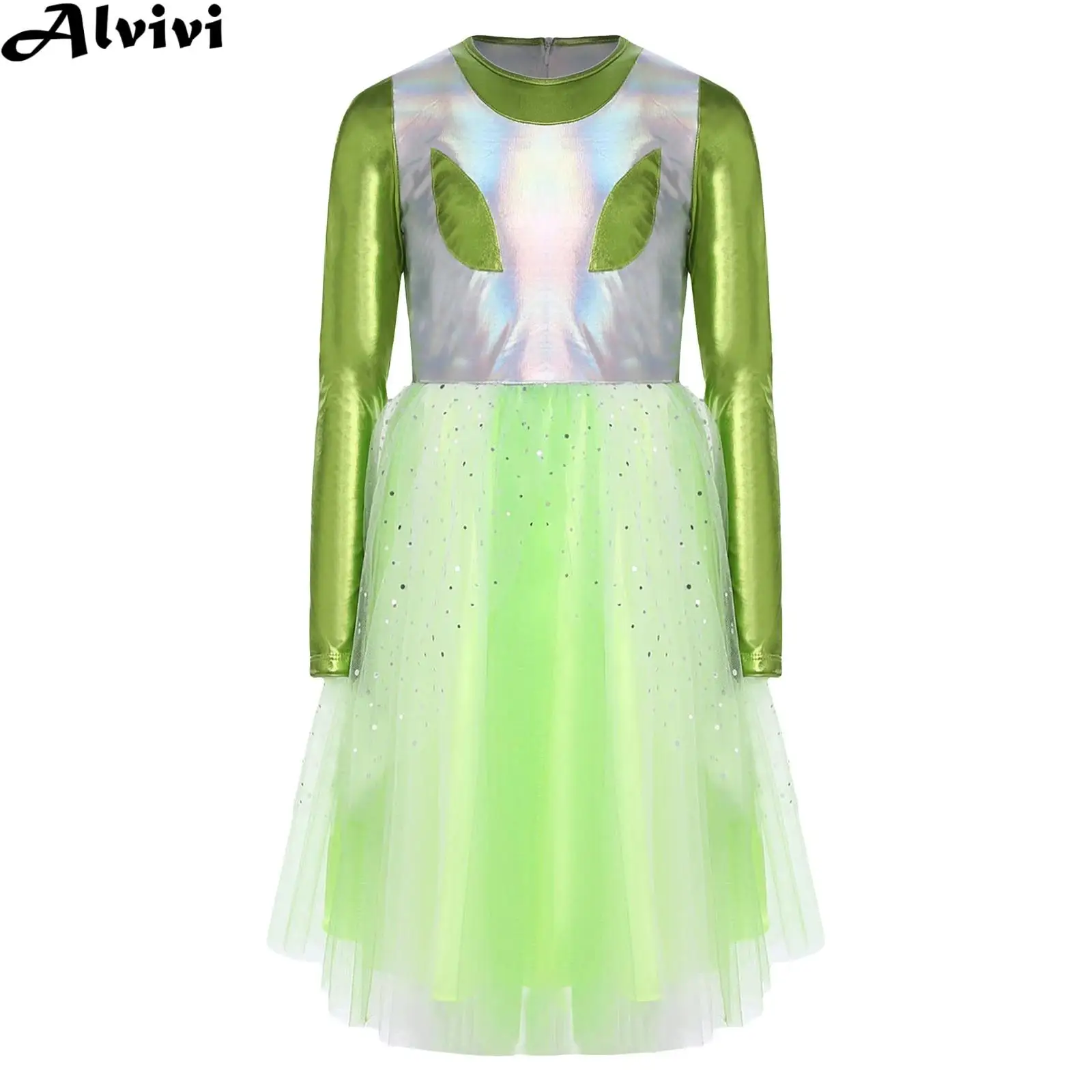 

Children Girls Long Sleeve Metallic Sequins Tulle Tutu Outer Space Cutie Alien Dress Halloween Theme Party Robot Cosplay Costume
