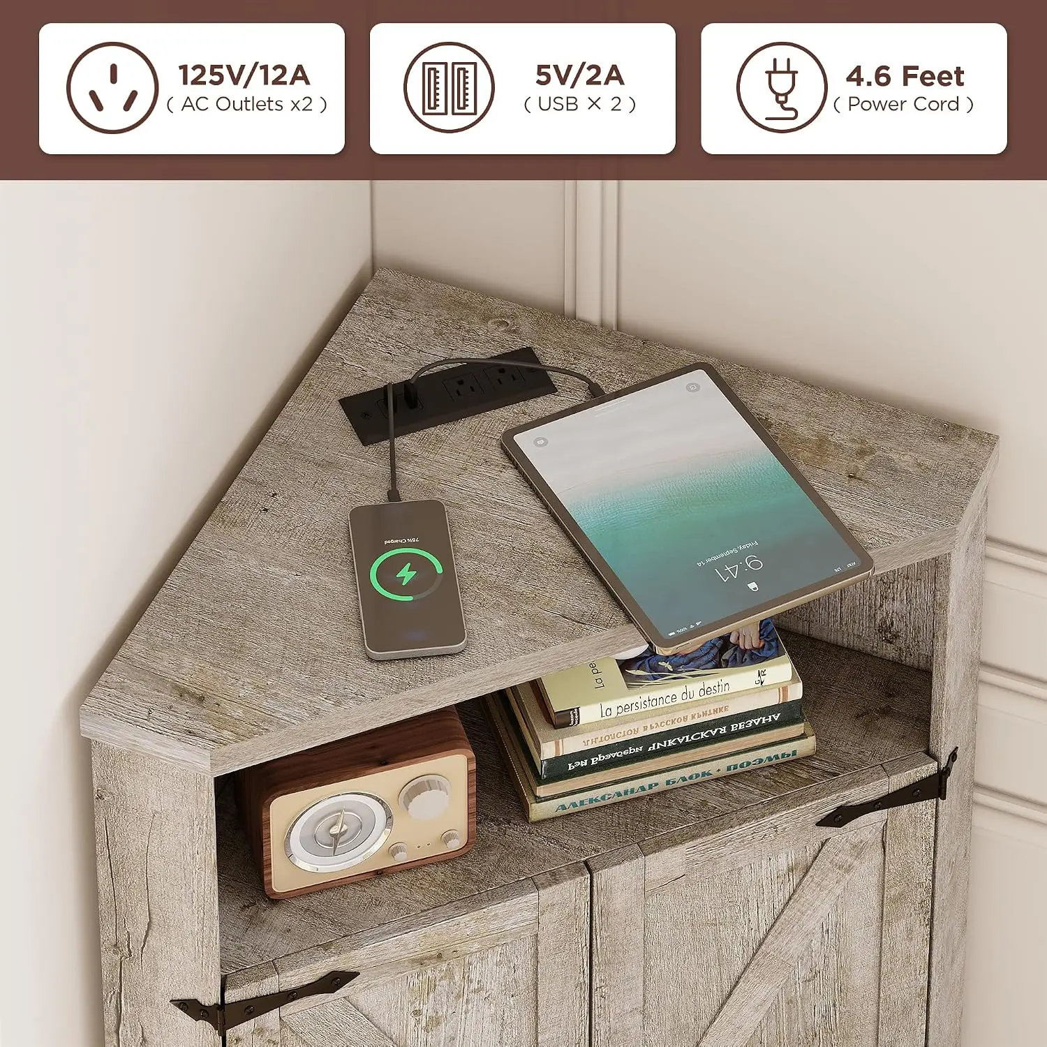 Farmhouse Corner Cabinet with Charging Station, Grey, Customized