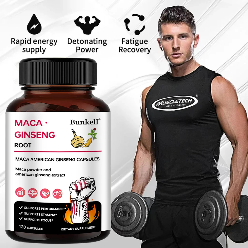Maca Root Capsules 1000mg + Panax Ginseng 500mg, Potent & Highly Pure, Energy & Endurance