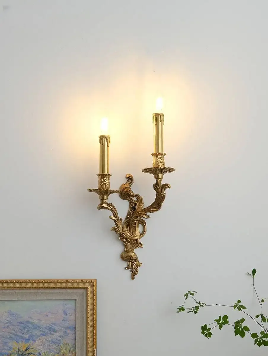 

European retro French brass candle wall lamp villa grand luxury living room dining room bedroom hallway light