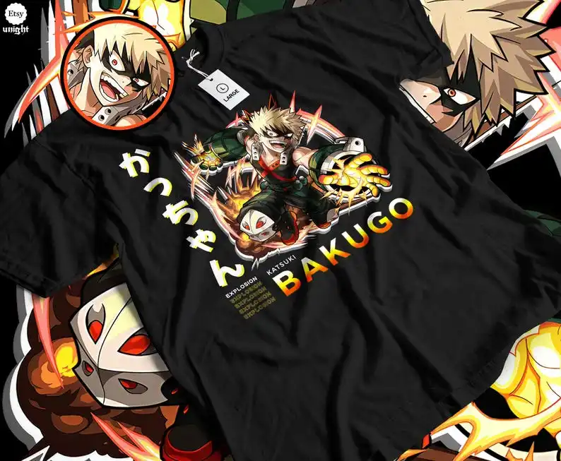 Epic Explosive Hero Unisex T-shirt - Japanese Anime Style 2010s, Bold Superhero Vibes, Explosive Action Power, Classic Manga Era