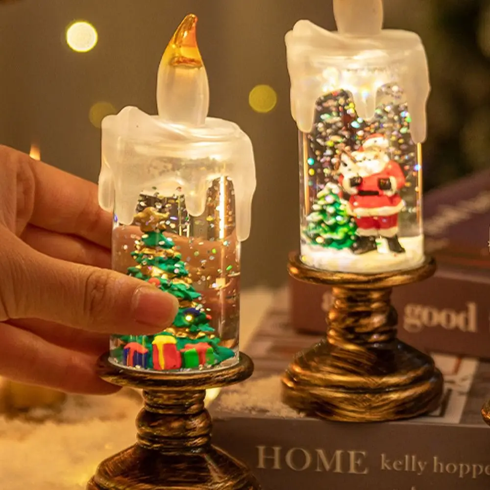 Velas LED luminosas de Navidad, luces con purpurina, árbol de Navidad, linterna de viento, vela eléctrica, Papá Noel, muñeco de nieve, luz nocturna Vintage