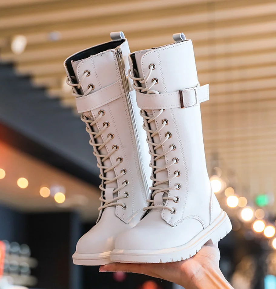 Girls\' Knee-High Boots Autumn/Winter Children\'s Snow Boots New Princess Fashion Girls\' Lace-up Warm Leather Cotton Shoes size37
