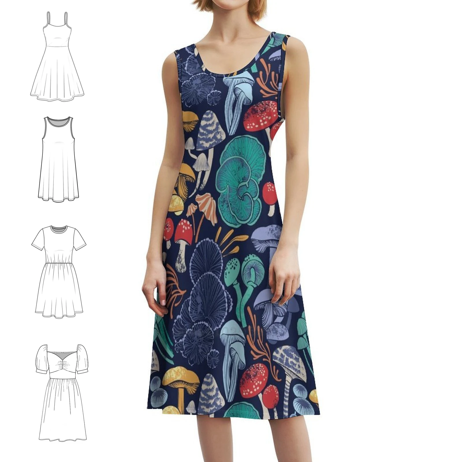 Mystical Fungi / / Midnight Blue Background Vintage Bohemian Dress Puff Sleeve Or Sleeveless Options For Women Dress Pattern