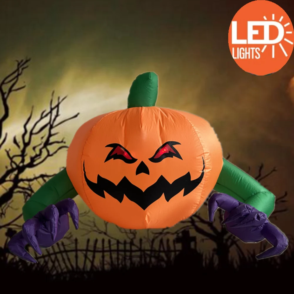 Citrouille Gonflable aux Yeux Rouges pour Halloween, Modèle Fantôme à Bras Long, Lumière LED spatirée, Accessoire de Décoration pour Cour Extérieure, 1.2m/4 Pieds de Large